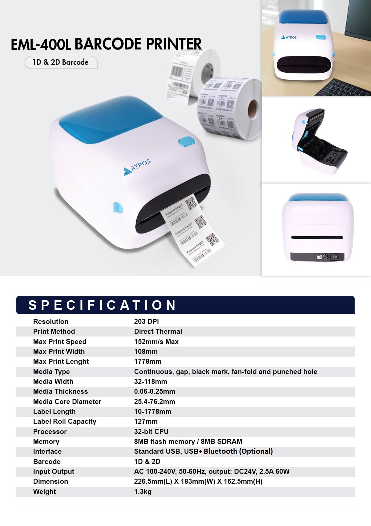 Atpos EML-400L 4 Inch Barcode Label Printer Specifications