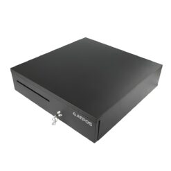 ATPOS 405CB black metal cash drawer front view with RJ11 interface for POS systems