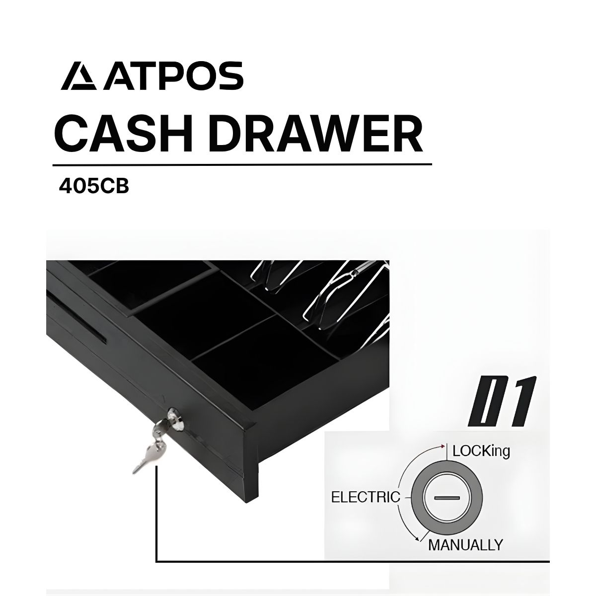 ATPOS 405CB black metal cash drawer front view with RJ11 interface for POS systems