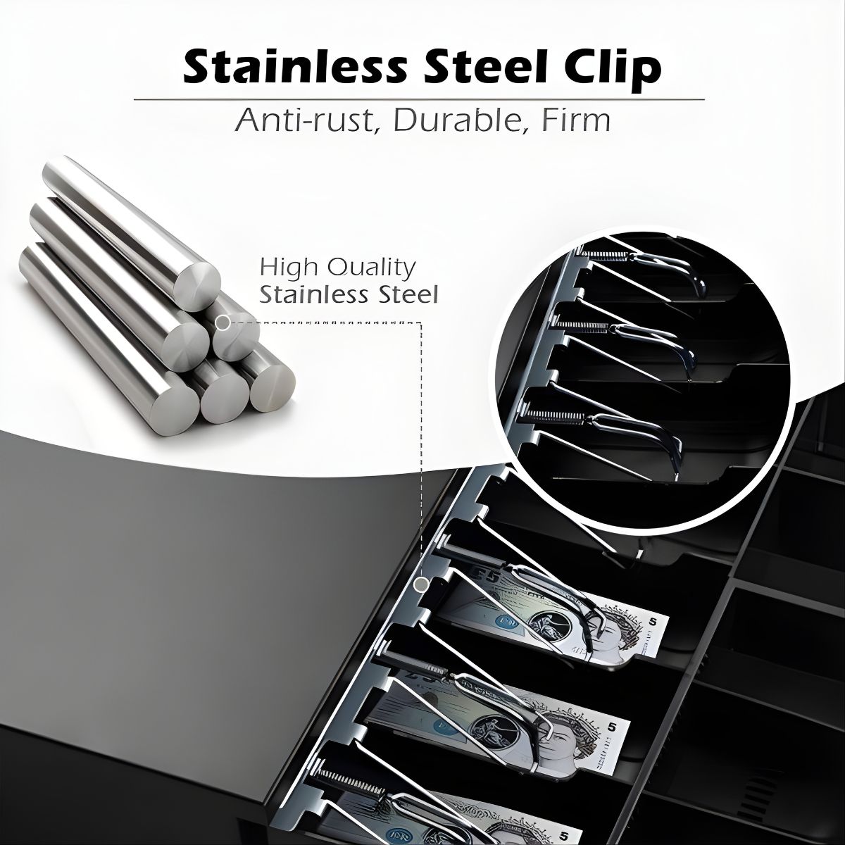 ATPOS 405CB removable cash tray with adjustable dividers for notes and coins