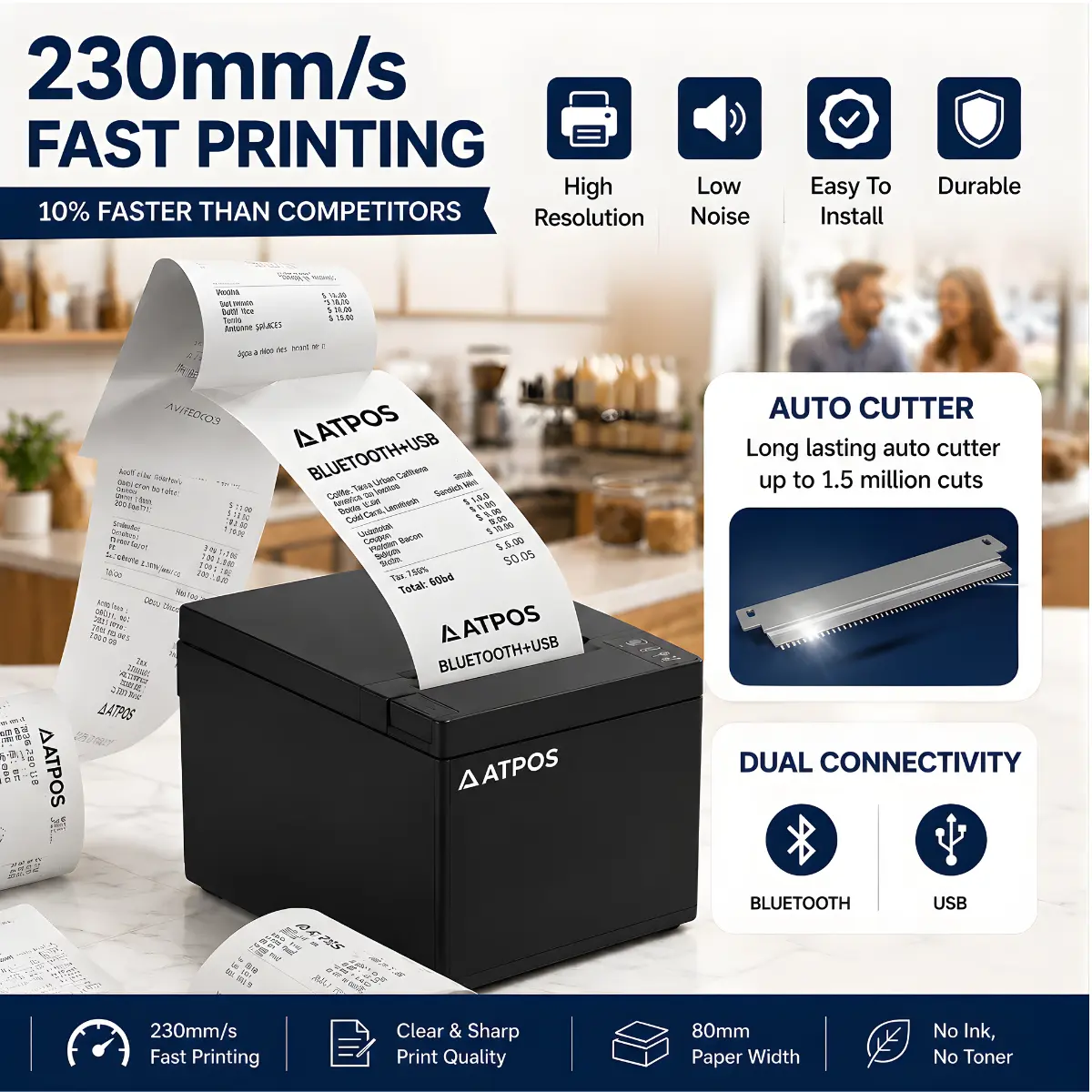 Atpos AT301 80mm (3 Inch) Thermal Receipt Printer | USB+Bluetooth Interface - Image 3