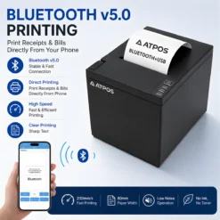 Black ATPOS AT-301 direct thermal receipt printer with USB and Bluetooth connectivity.