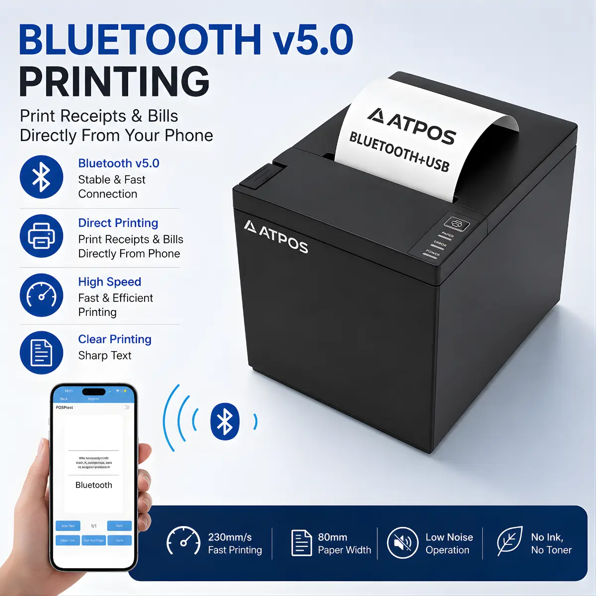 Black ATPOS AT-301 direct thermal receipt printer with USB and Bluetooth connectivity.