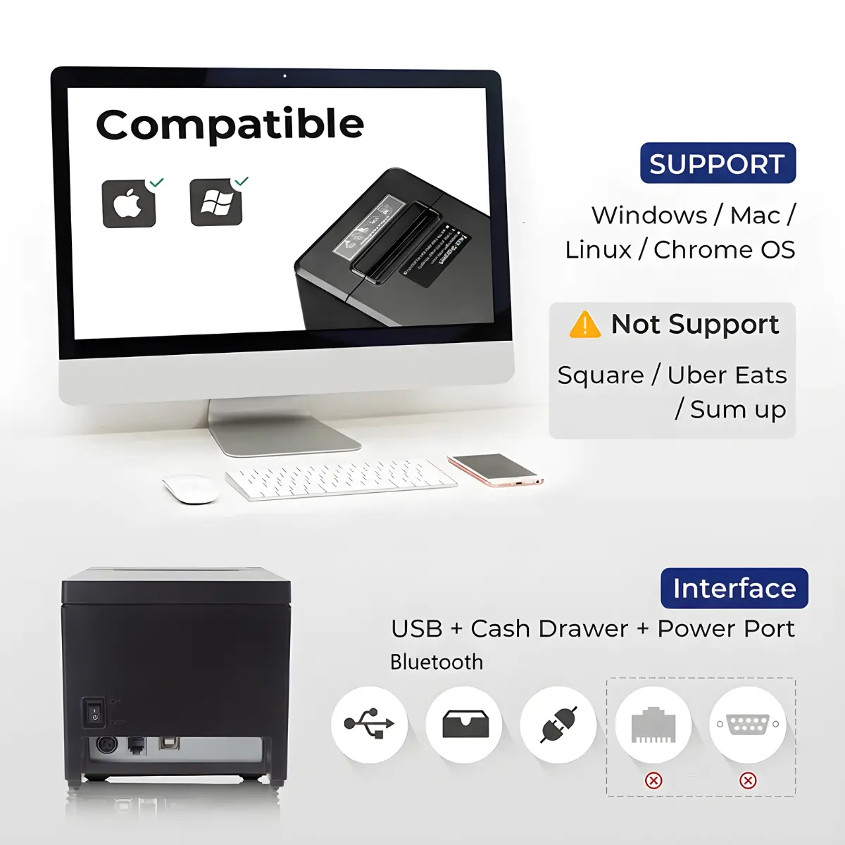 ATPOS AT-301 80mm thermal receipt printer with Bluetooth 5.0, USB connectivity and auto cutter.