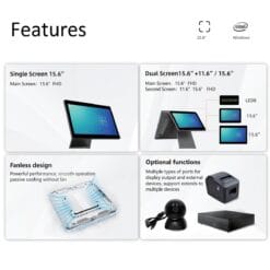 Features overview image for the ATPOS TP N97 Smart Touch POS System, highlighting single and dual screen display options (15.6", 11.6", LED8), fanless design with passive cooling, and multiple optional device connectivity such as printers and cameras, all in a modern, modular POS terminal layout.