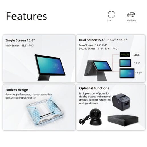 Features overview image for the ATPOS TP N97 Smart Touch POS System, highlighting single and dual screen display options (15.6", 11.6", LED8), fanless design with passive cooling, and multiple optional device connectivity such as printers and cameras, all in a modern, modular POS terminal layout.