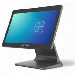 **Alt Text for Web Upload** ATPOS TP N97 Smart Touch POS System with a 15.6-inch widescreen display, sleek all-black, all-metal design, and capacitive touchscreen, featuring the Windows logo on the screen and a sturdy angular base. Ideal for restaurant, retail, and business environments.