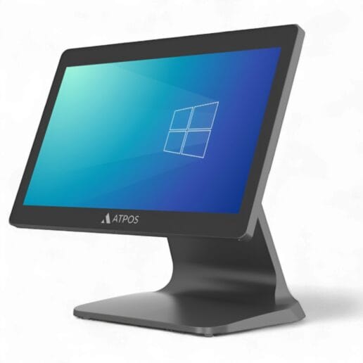 **Alt Text for Web Upload** ATPOS TP N97 Smart Touch POS System with a 15.6-inch widescreen display, sleek all-black, all-metal design, and capacitive touchscreen, featuring the Windows logo on the screen and a sturdy angular base. Ideal for restaurant, retail, and business environments.