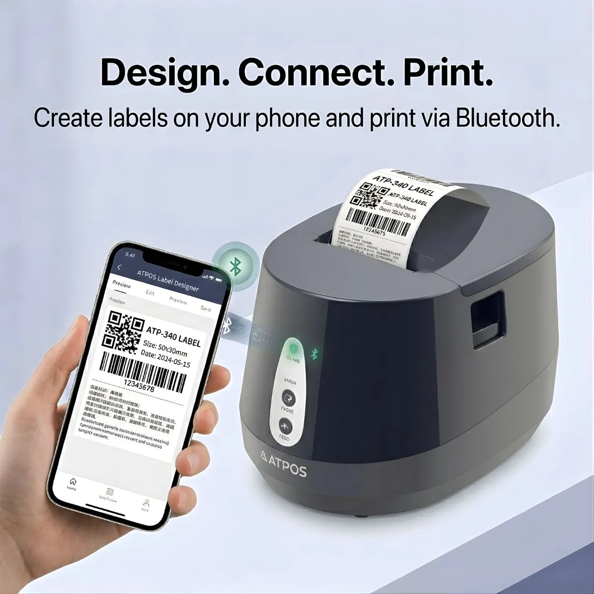 Compact ATPOS Q600 thermal printer with USB and Bluetooth connectivity for Android, iOS and Windows devices